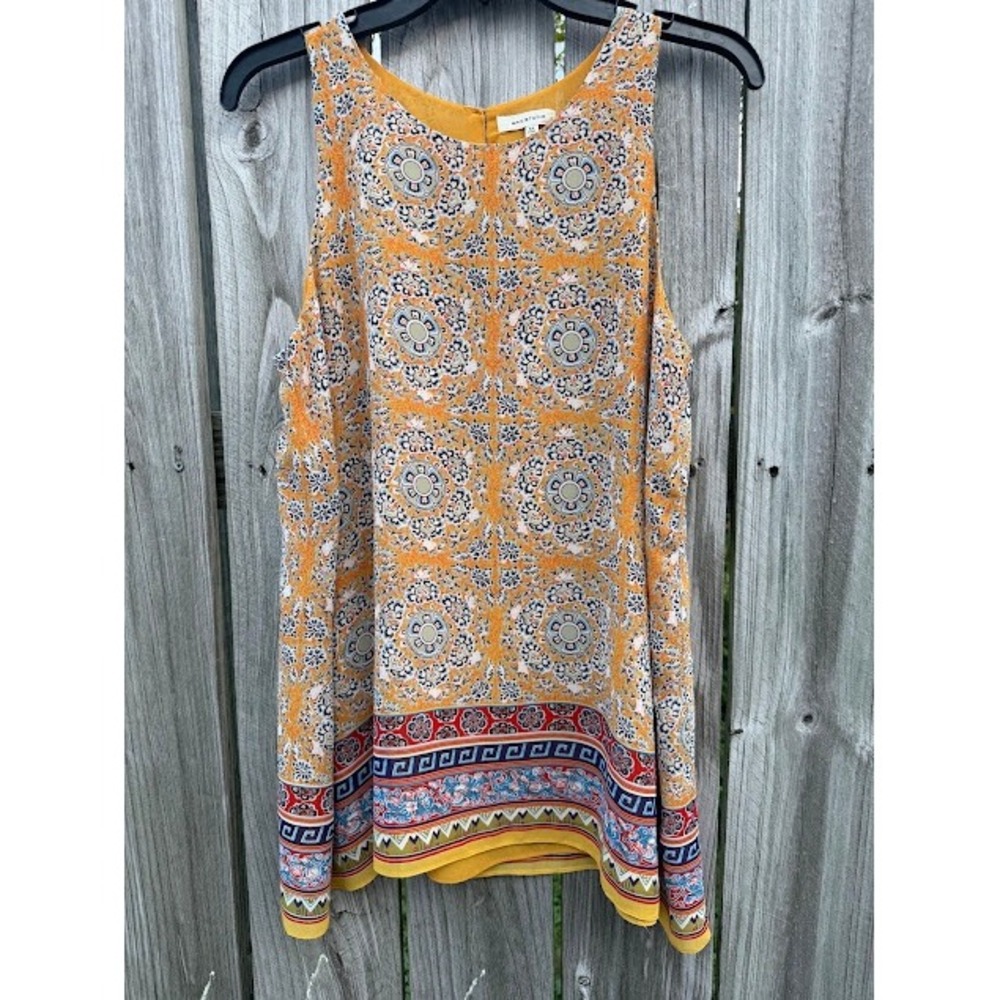Boho Medallion Max Studio Sleeveless Blouse M Yellow Chiffon Flowy Top 6710Y36